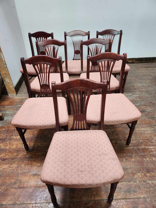 Set of Eight Mahogany Coloured Dining Chairs with Floral Upholstery