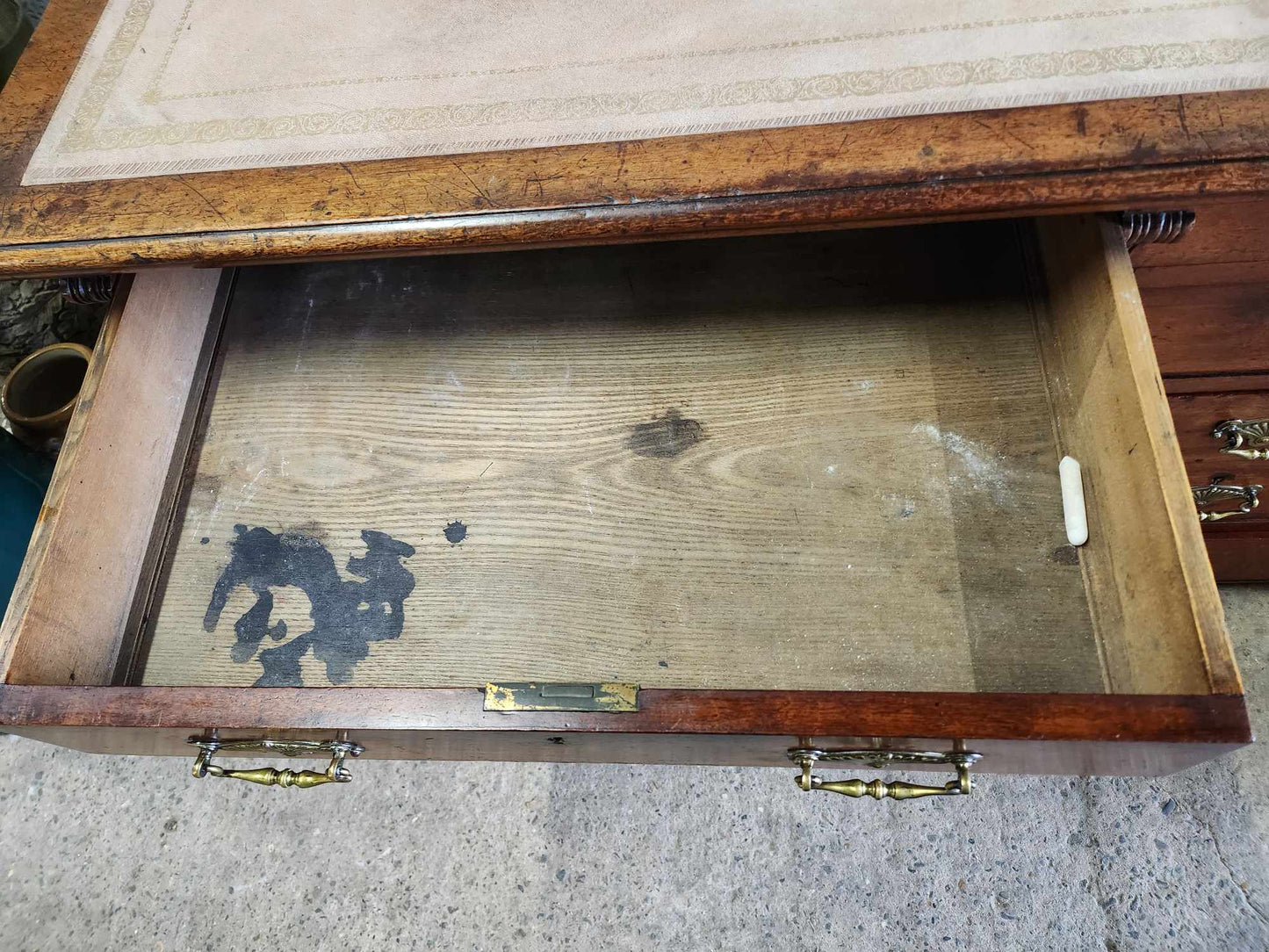 Leather Topped Antique Desk with Brass Handles