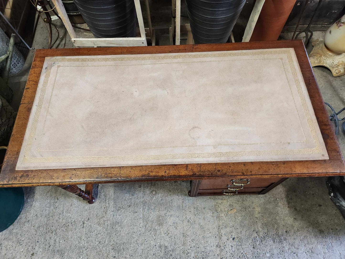 Leather Topped Antique Desk with Brass Handles