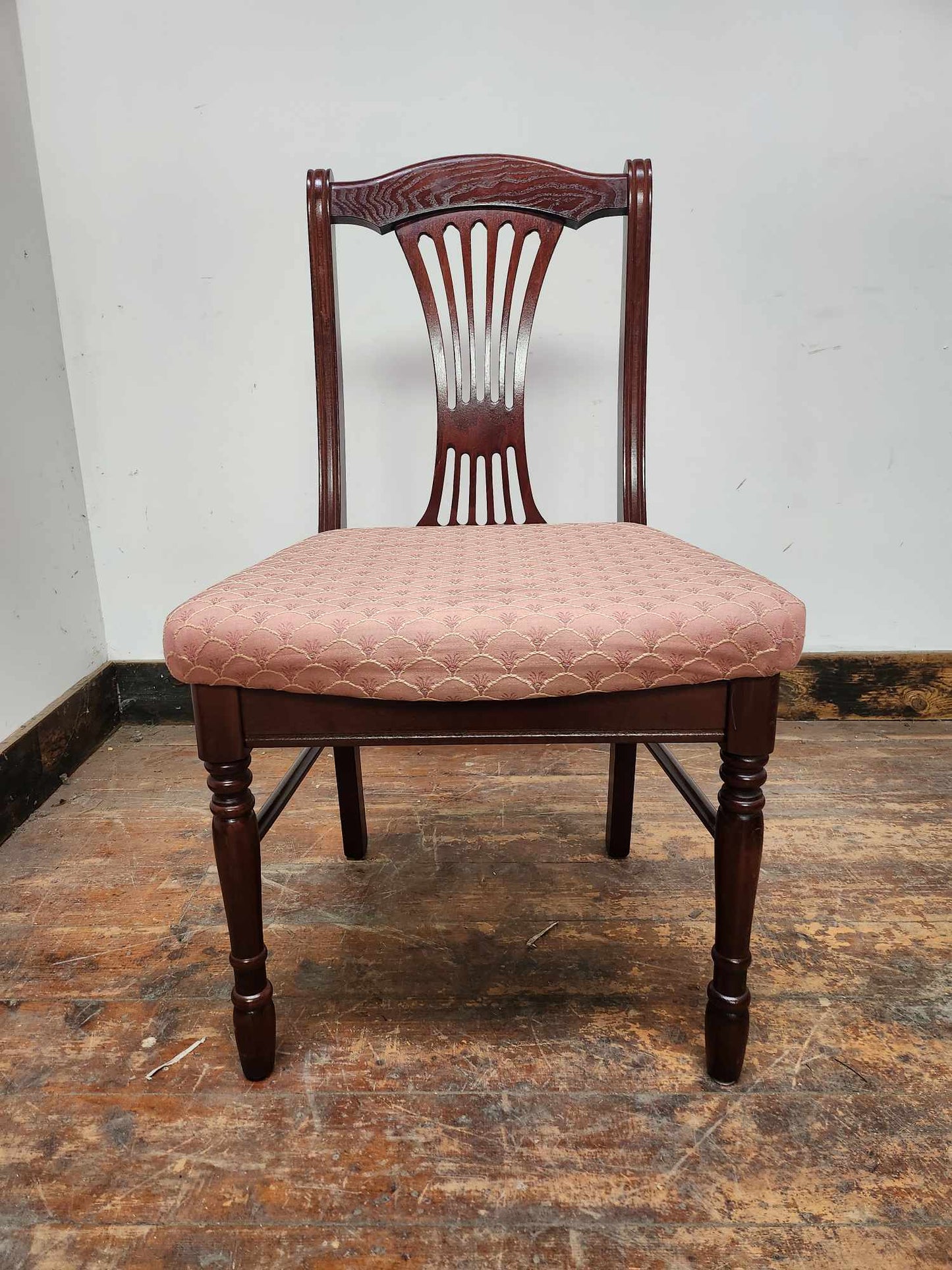 Set of Eight Mahogany Coloured Dining Chairs with Floral Upholstery