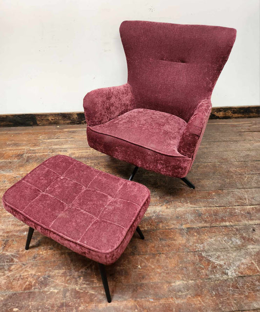 Red Velour-Type Swivel Armchair with Footstool