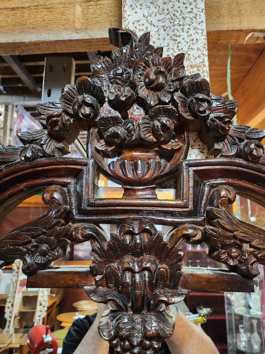 Ornately Carved Dark Wood Dresser and Mirror