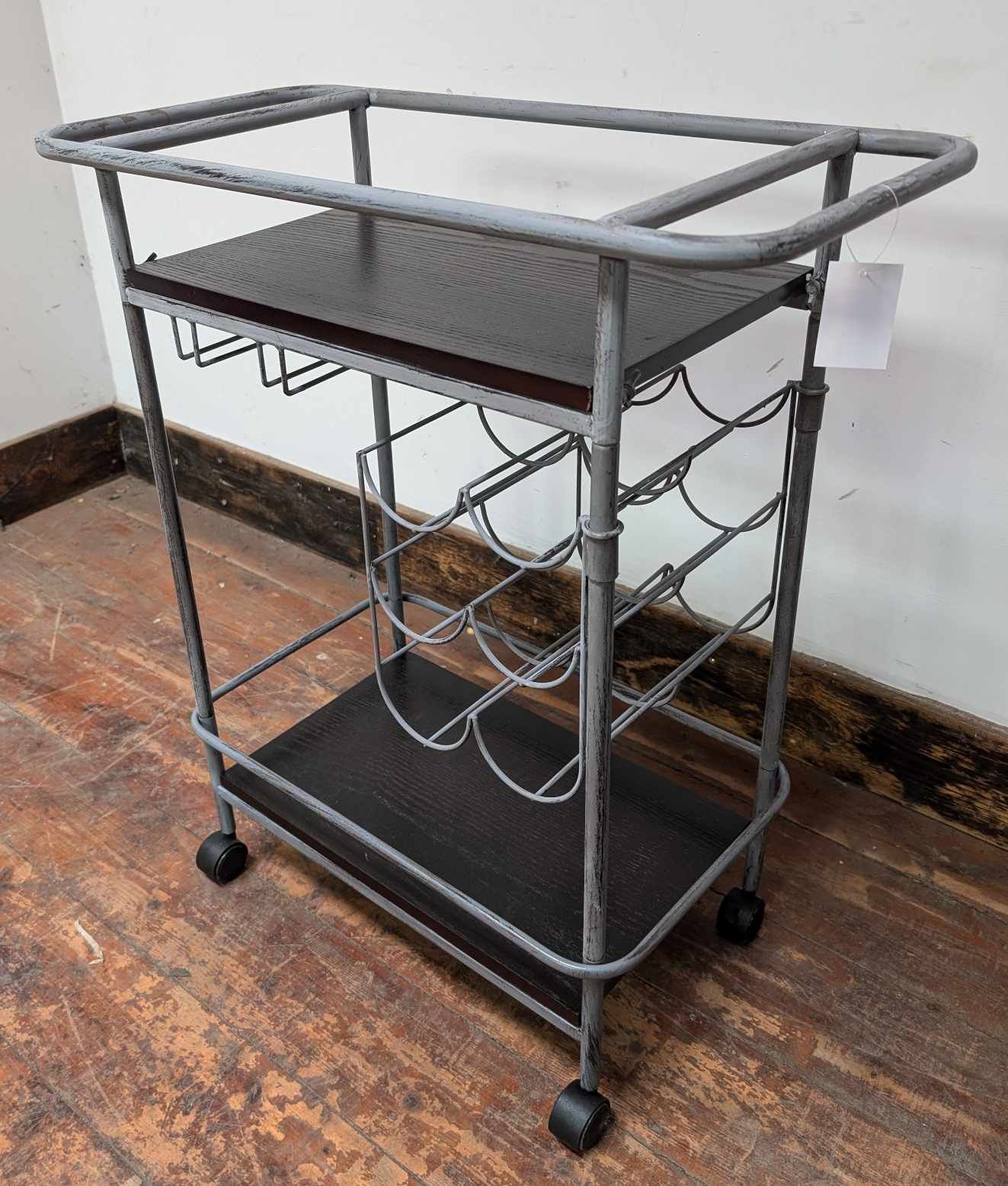 Steel Frame Drinks Trolley with Dark Wood Top and Bottle/Wine Glass Racks