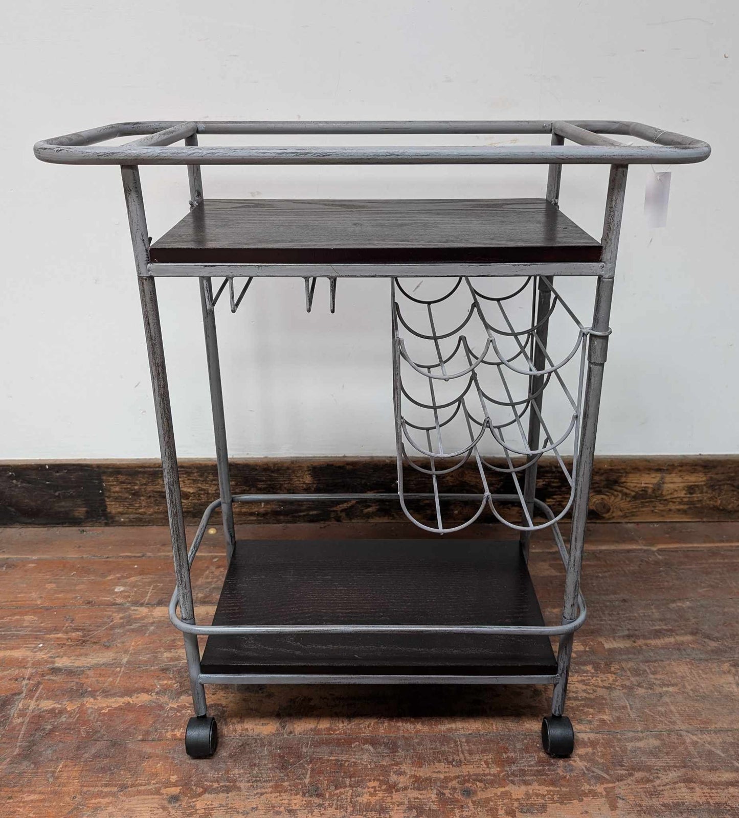 Steel Frame Drinks Trolley with Dark Wood Top and Bottle/Wine Glass Racks