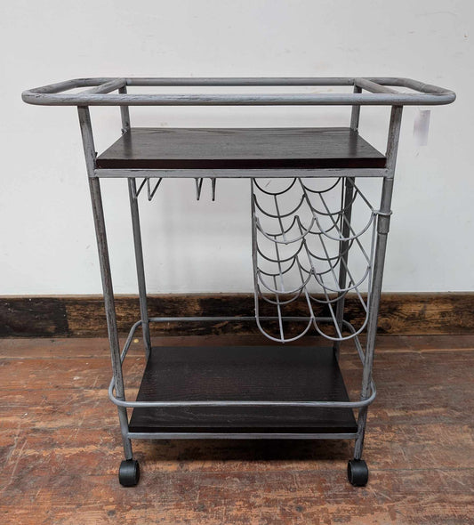 Steel Frame Drinks Trolley with Dark Wood Top and Bottle/Wine Glass Racks