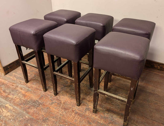 Set of Six Purple Faux Leather Wooden Bar Stools