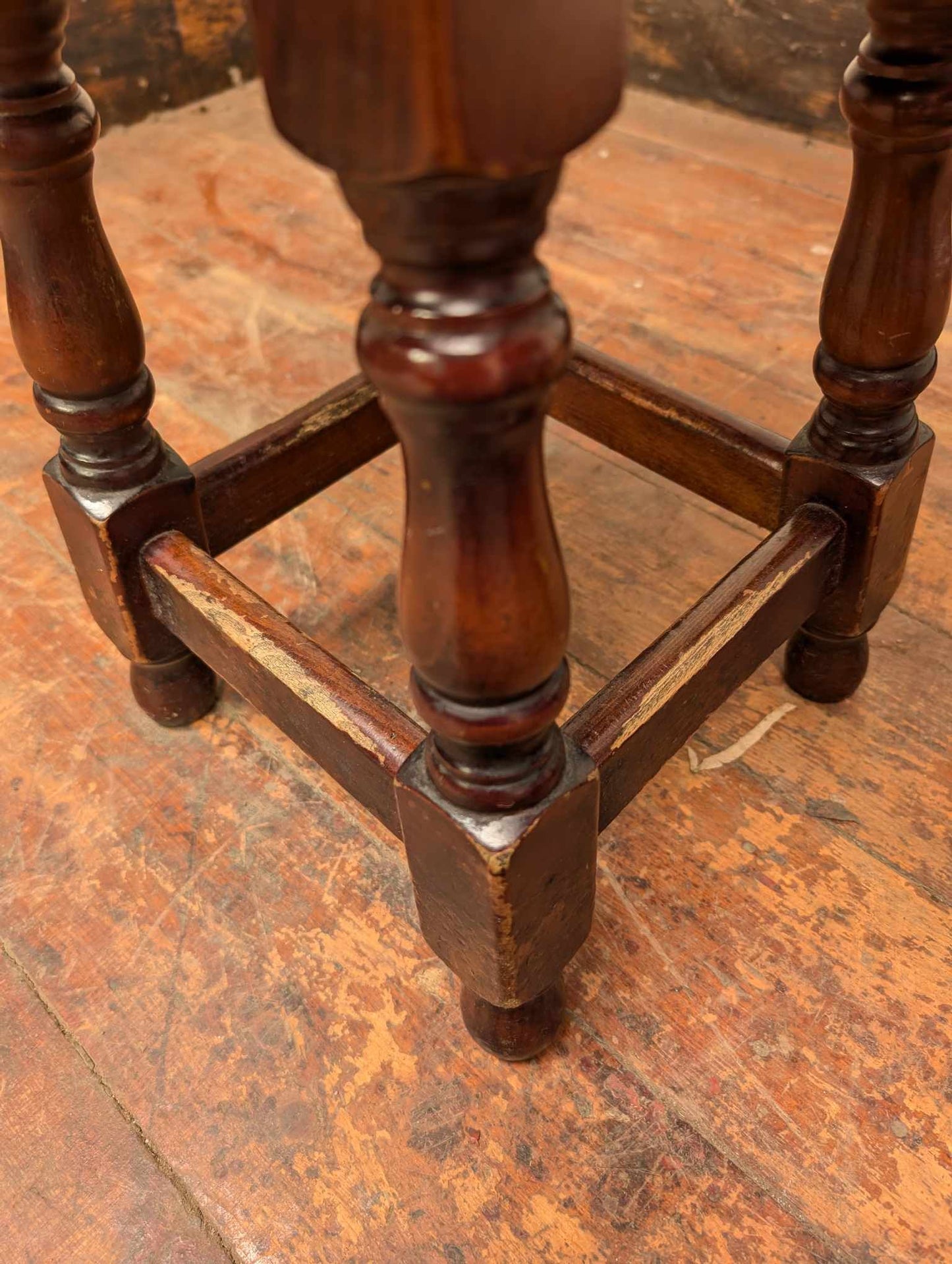 Pair of Small Wooden Stools with Red Faux Leather Upholstery