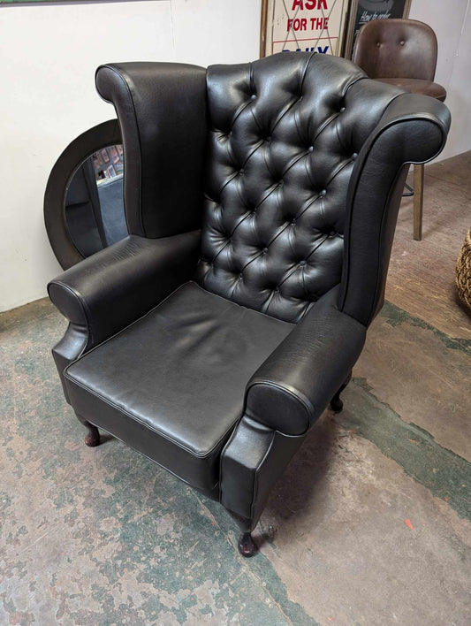 Black Chesterfield-Style Wingback Armchair in Contract Faux Leather