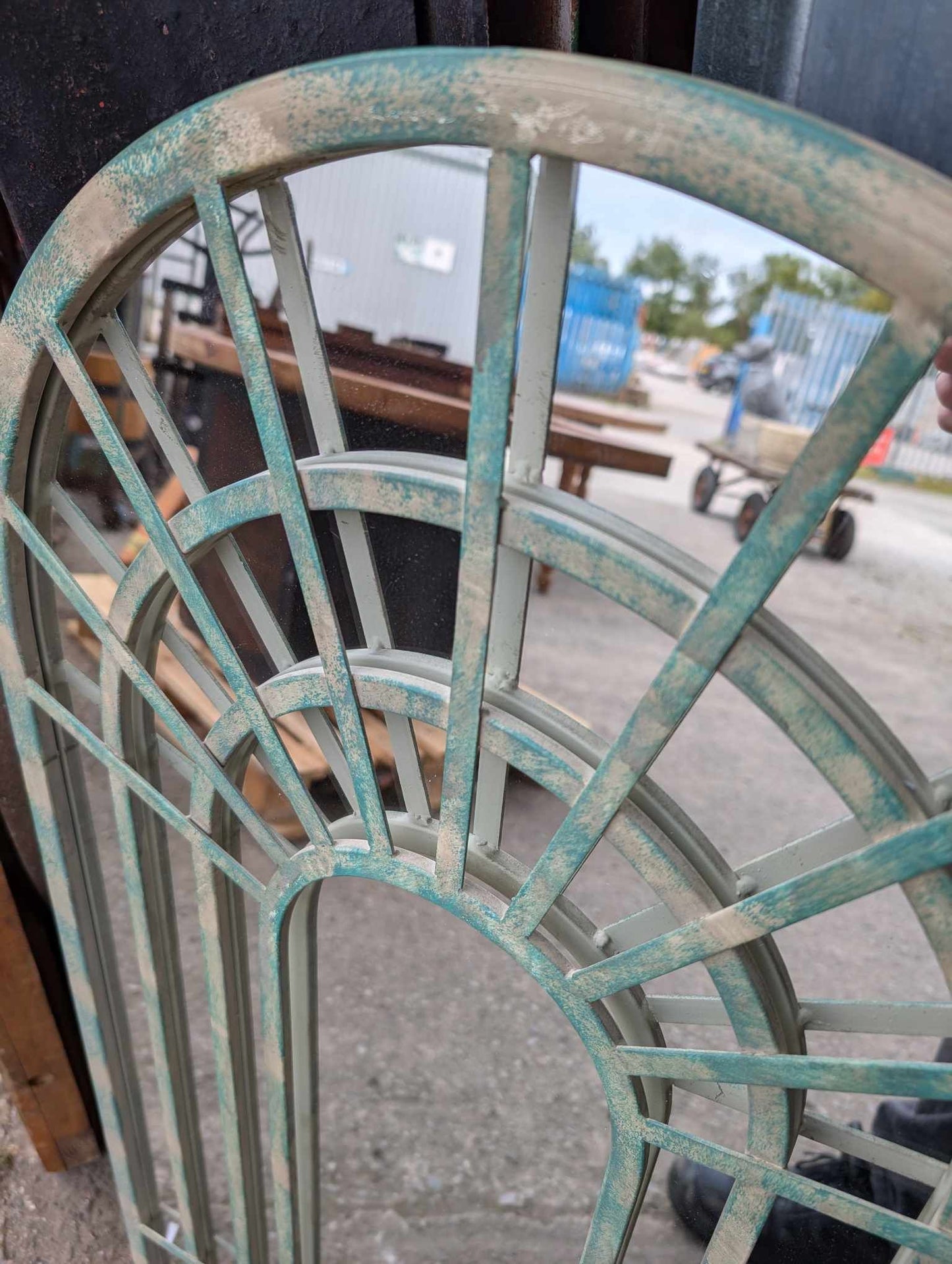 Outdoor Mirror / Arched Lattice Frame / Weathered Green