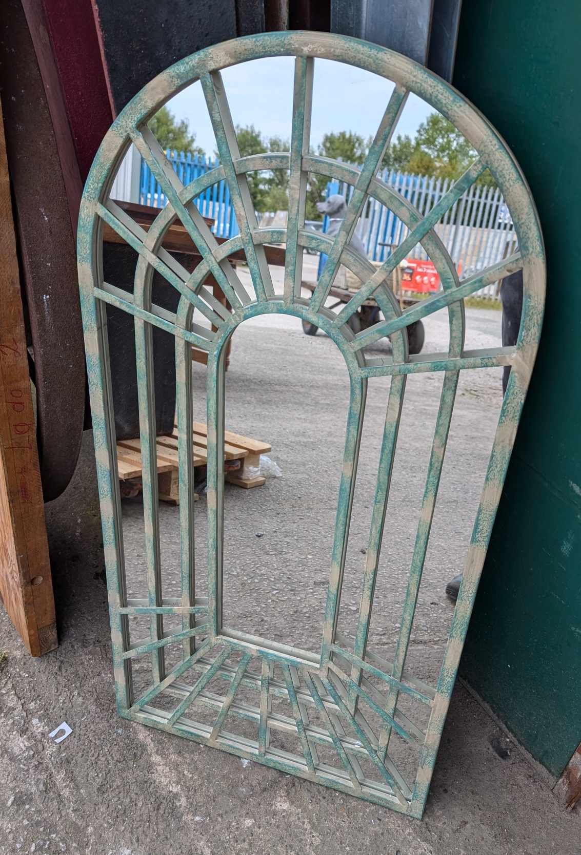 Outdoor Mirror / Arched Lattice Frame / Weathered Green