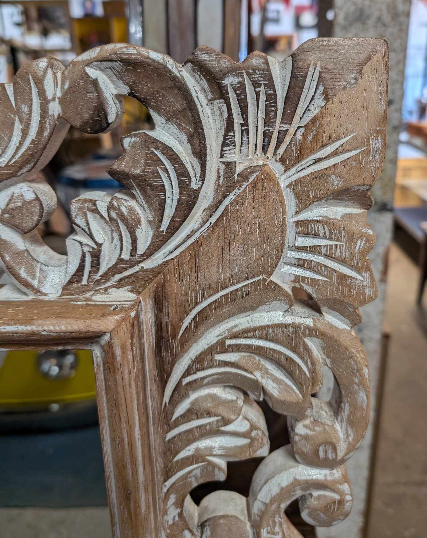 Tall Mirror with Carved Wooden Frame and Sand-Weathered Texture