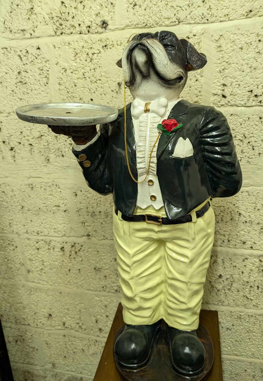 Resin Bulldog Butler Statue with Tray, in Vintage Style