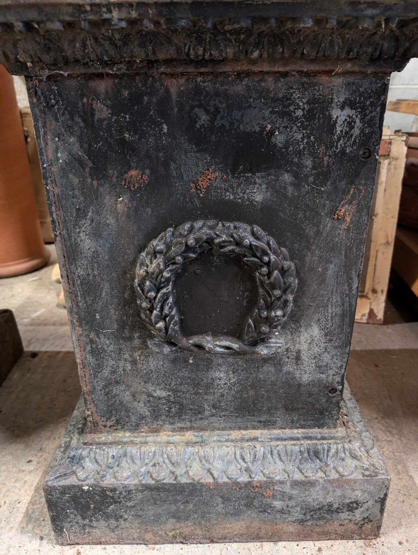 Pair of Cast Iron Urn Planters on Pillar Plinths