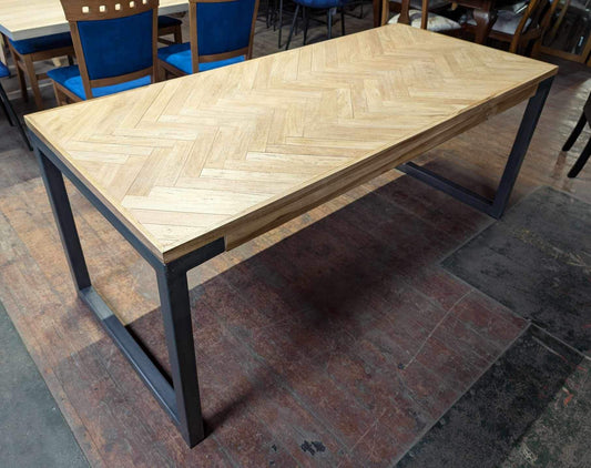 Large Rectangular Table with Henningbone Style Tabletop and Steel Legs