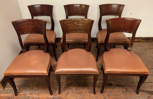 Set of Six Dining Chairs with Tan Leather Upholstery