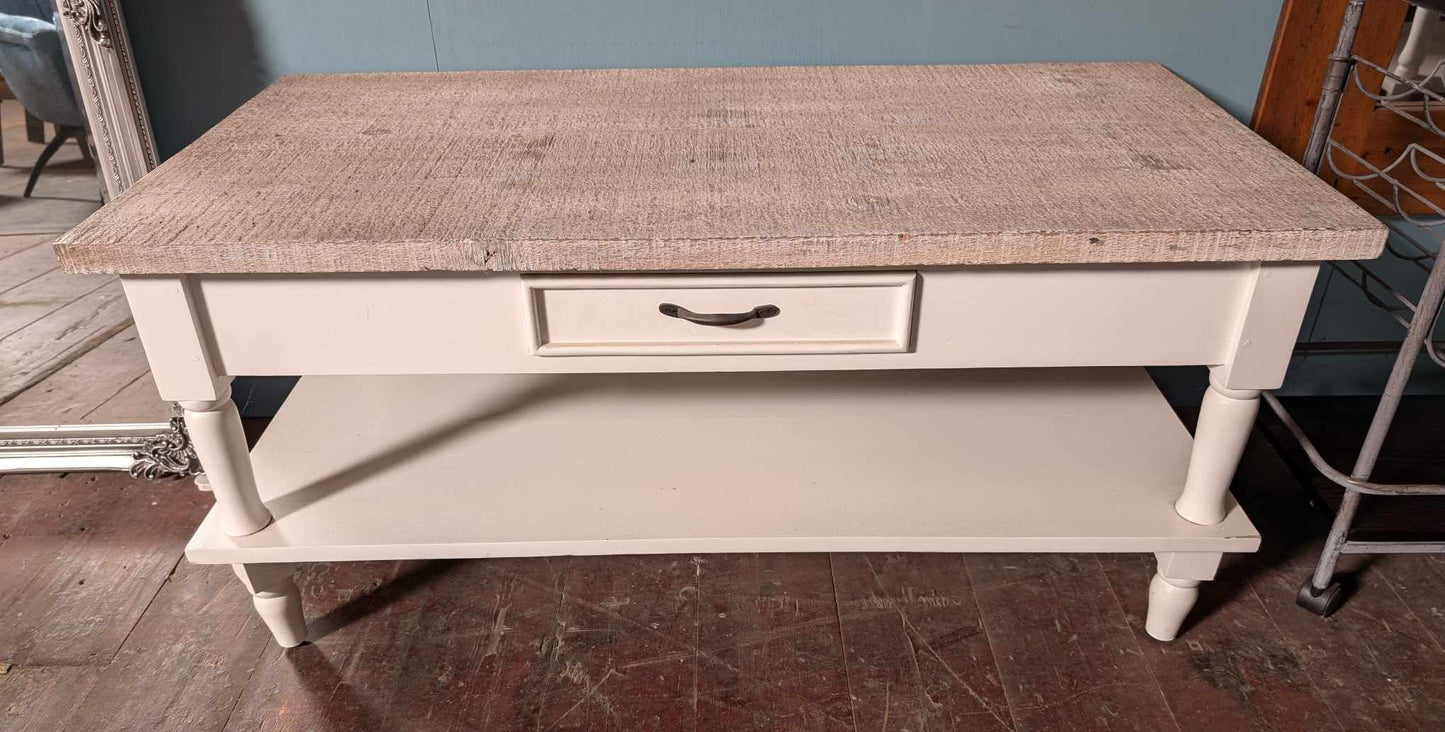 White and Beige Low Console Table with Raw Wood Tabletop