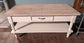 White and Beige Low Console Table with Raw Wood Tabletop