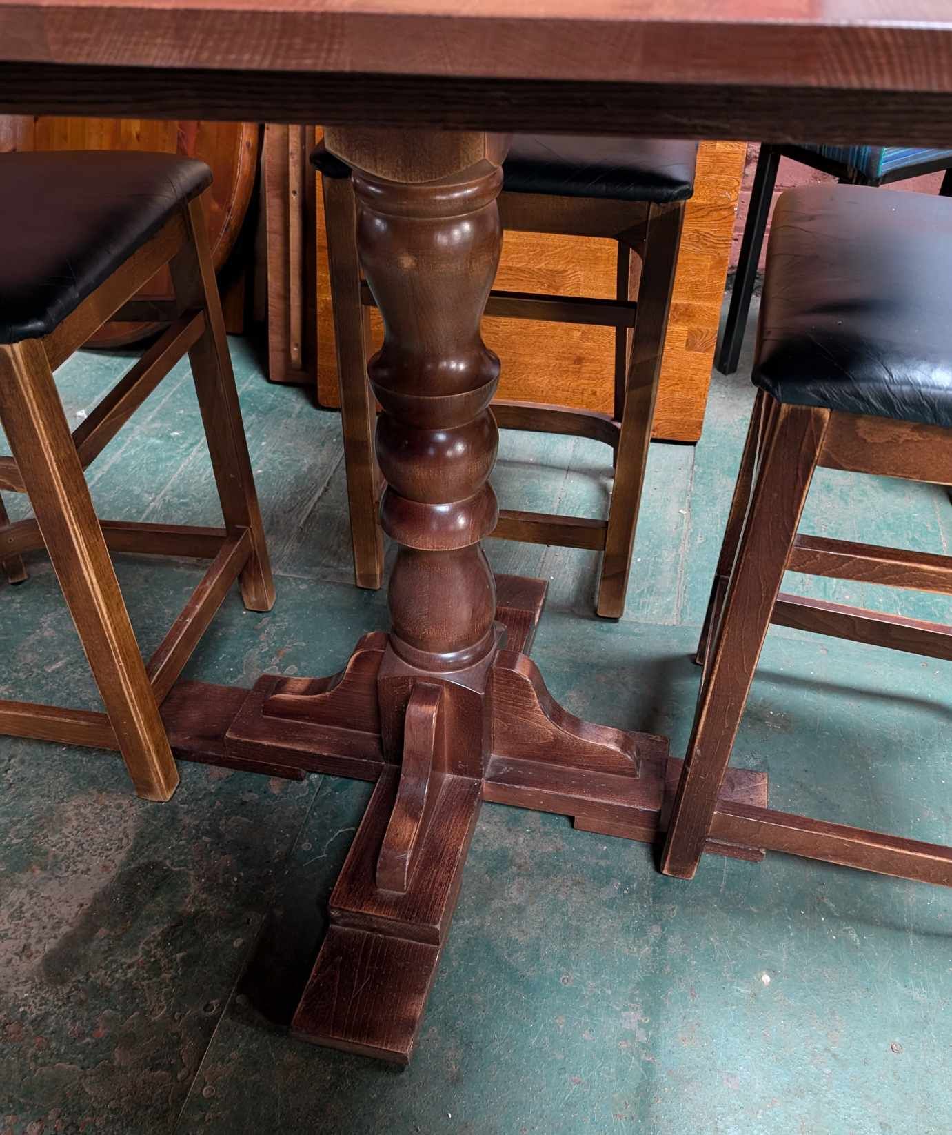 Medium Wooden Poseur Table With Four Backed Blue Leather Stools