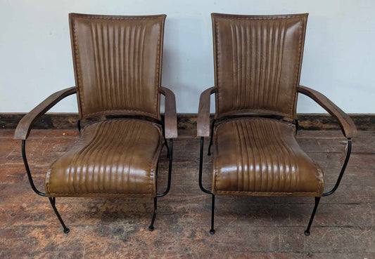 Pair of High-Back, Metal Framed, Tan Leather Upholstered Chairs with Armrests