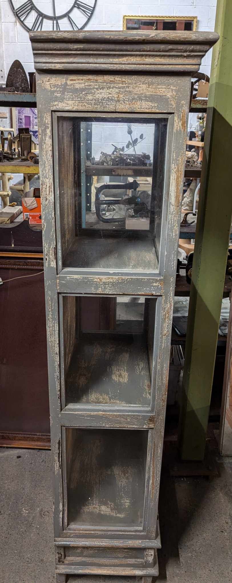 Vintage French Style Distressed Wood Cabinet with Glass Windows and Single Drawer