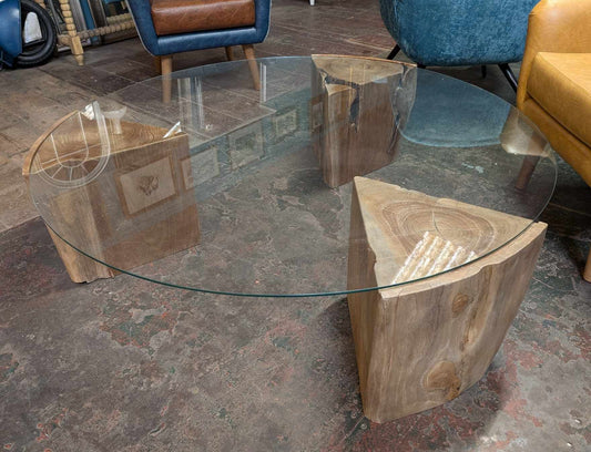 Round Glass Coffee Table with Solid Wood Supports