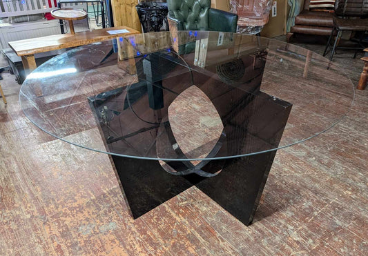 Round Glass Top Dining Table with Black Snakeskin Textured Frame