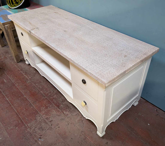 White and Beige TV Table with Raw Wood Tabletop and Four Drawers