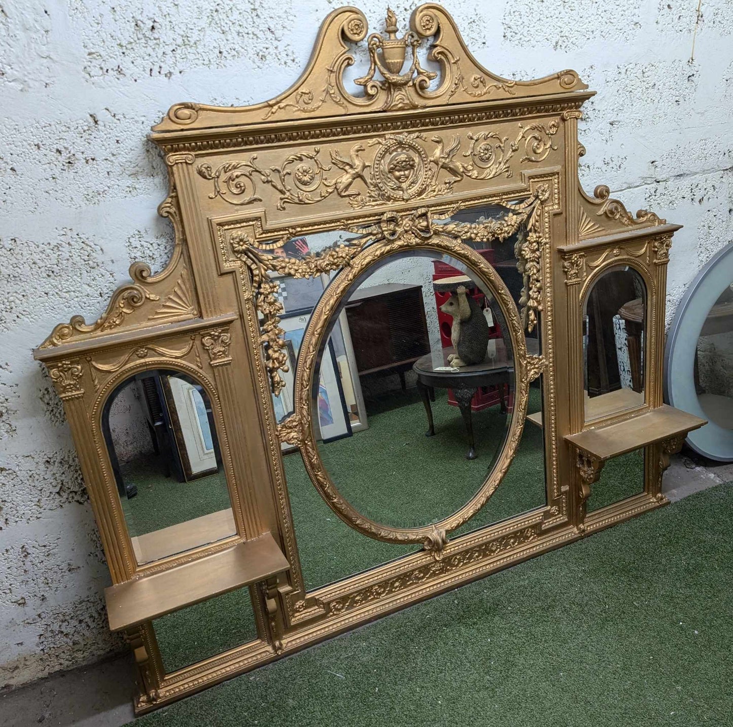 Large Victorian Overmantle Mirror with Gold Painted, Ornately Carved Wooden Frame