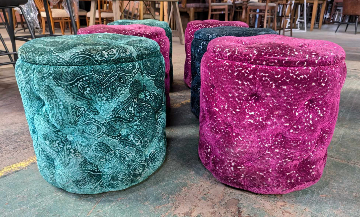 Set of Six Upholstered Patterned Stools in Assorted Colours