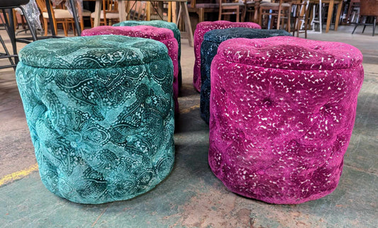 Set of Six Upholstered Patterned Stools in Assorted Colours