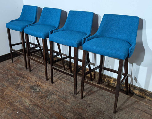 4 x bright blue fabric bar stools