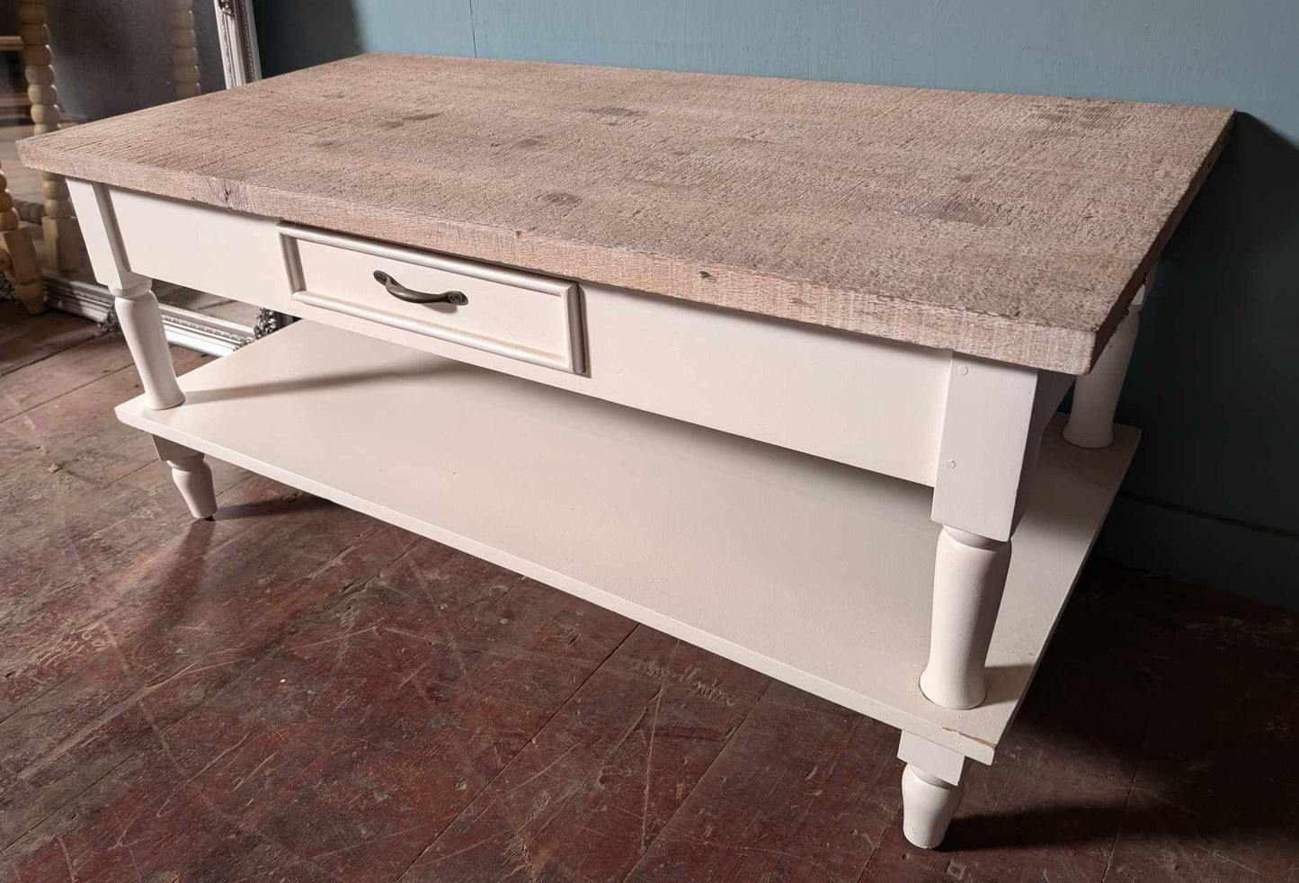 White and Beige Low Console Table with Raw Wood Tabletop