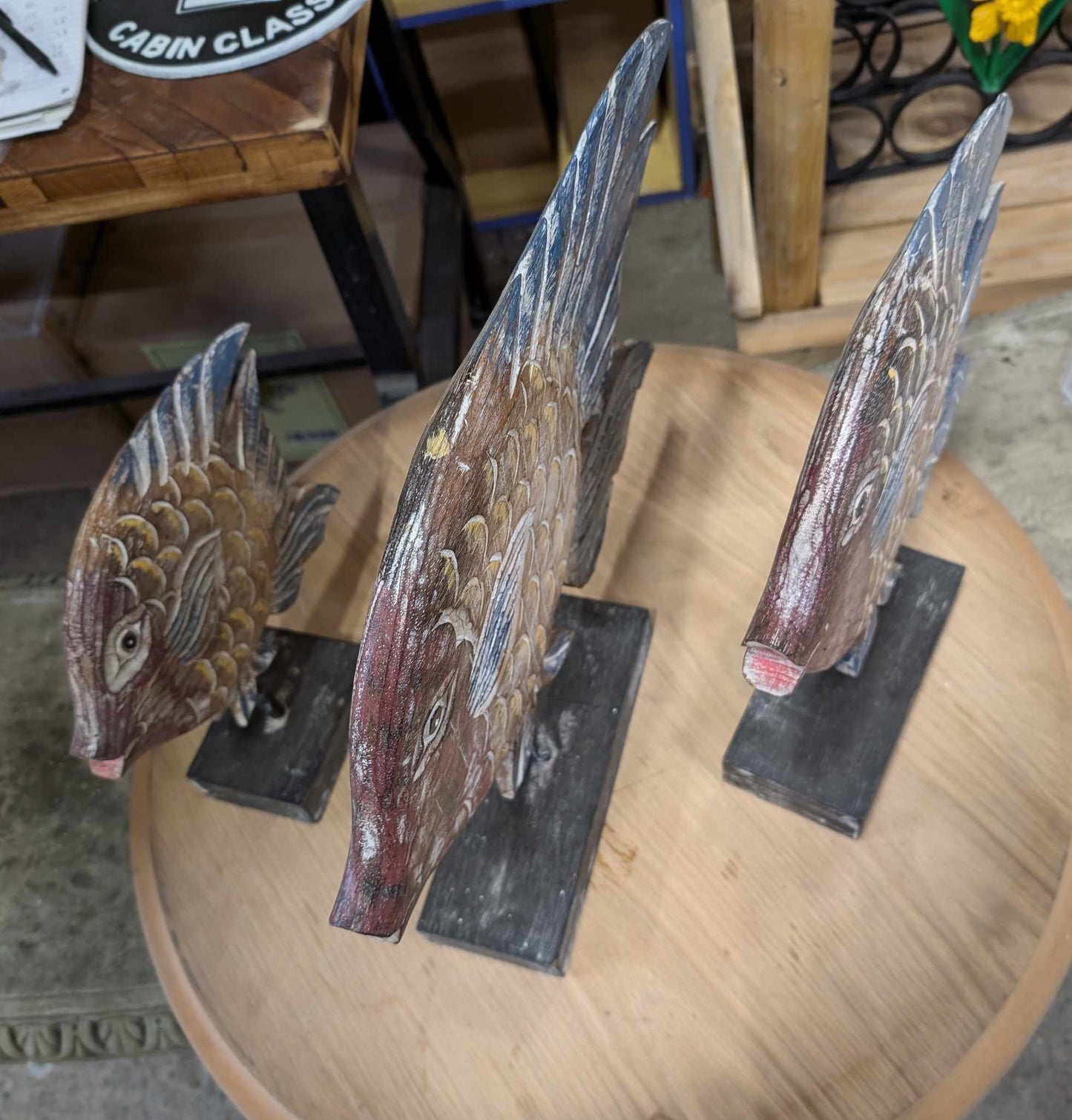 Trio of Standing Weathered Wood Fish Sculptures / Varying Sizes