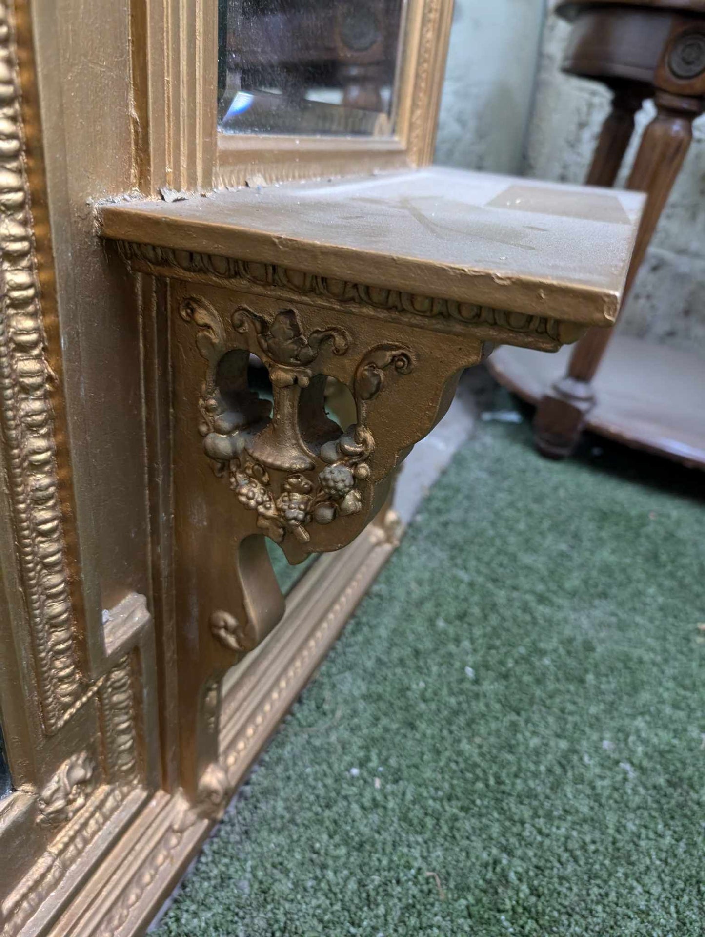 Large Victorian Overmantle Mirror with Gold Painted, Ornately Carved Wooden Frame