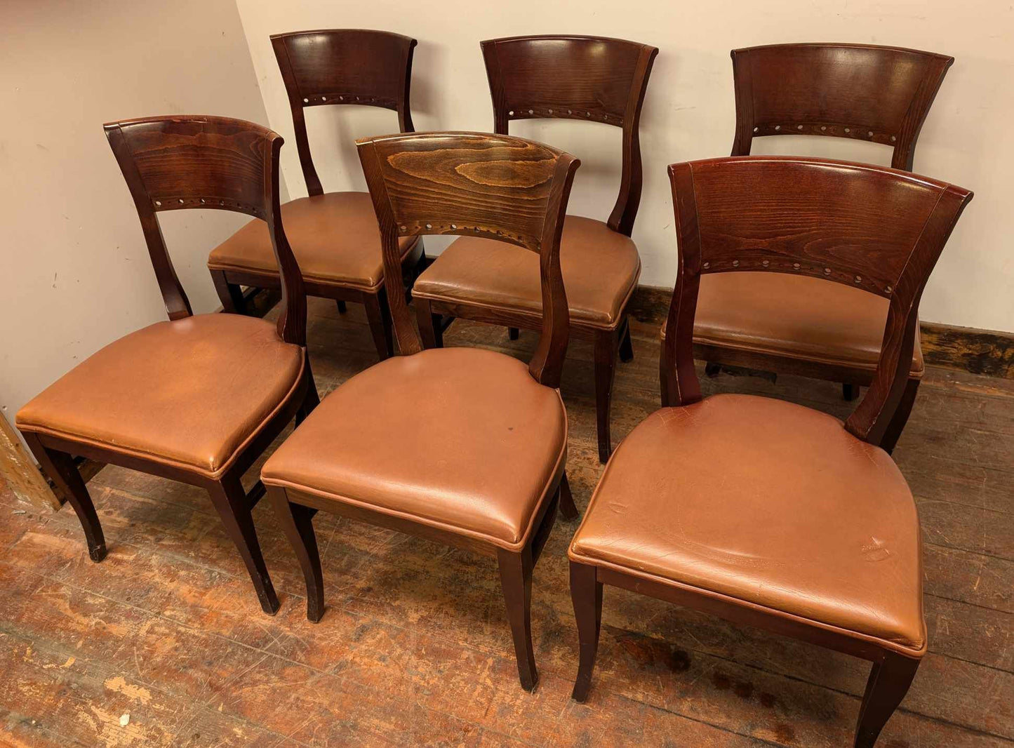 Set of Six Dining Chairs with Tan Leather Upholstery