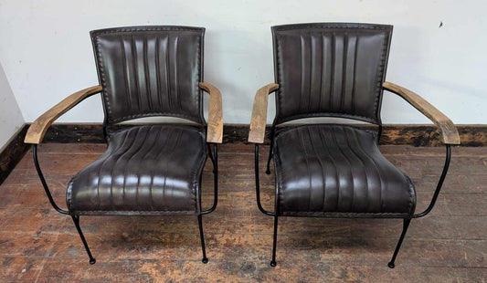 Pair of Metal Framed, Leather Upholstered Chairs with Armrests