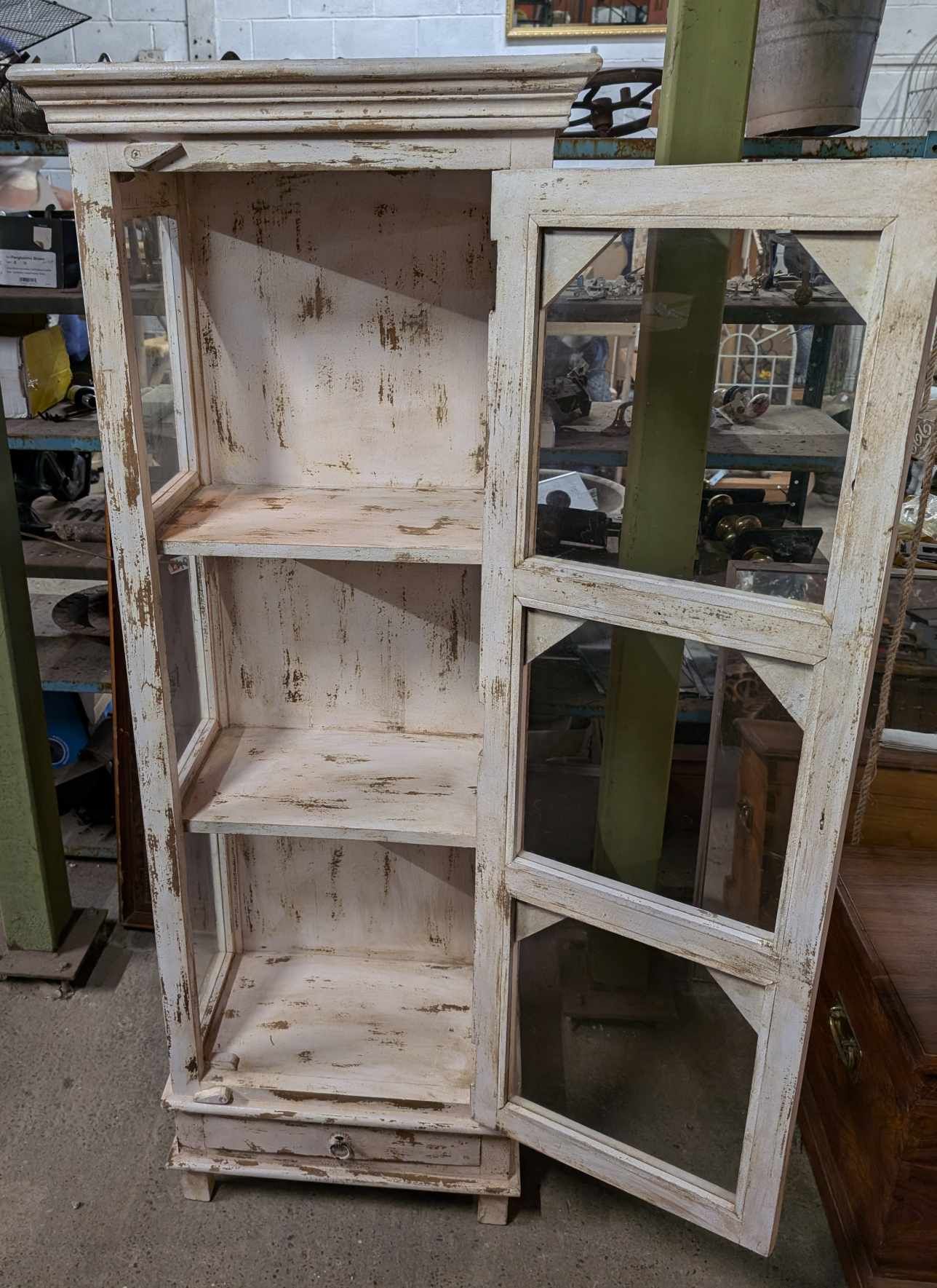 Vintage French Style Distressed Wood Cabinet with Glass Windows and Single Drawer