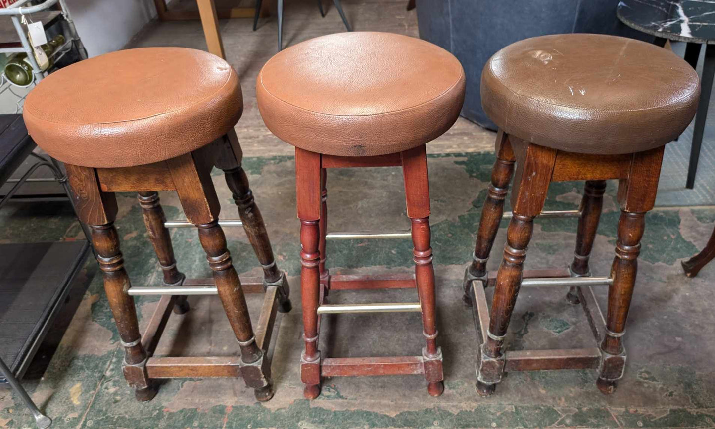 Set of Three Wooden Leather Top Stools with Steel Footbars