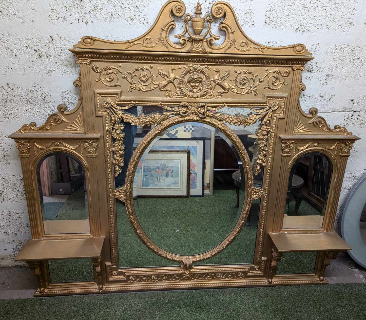 Large Victorian Overmantle Mirror with Gold Painted, Ornately Carved Wooden Frame