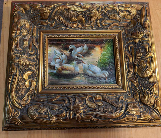 Pair of Original Duck Oil Paintings in Ornate Metallic Frames