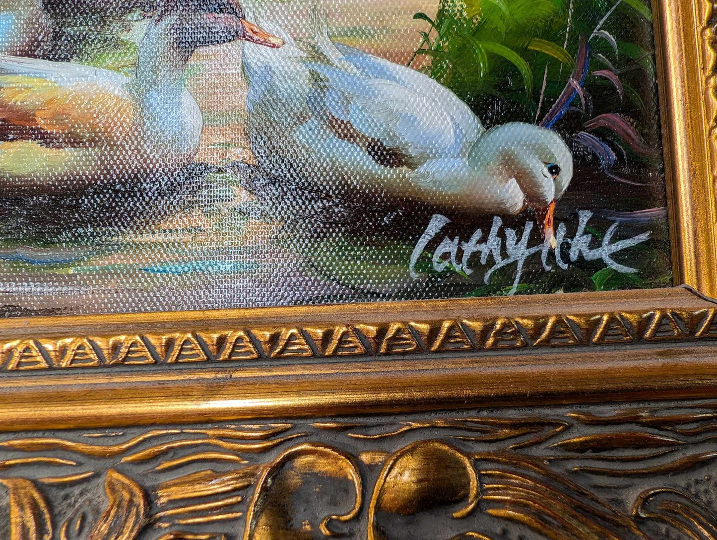 Pair of Original Duck Oil Paintings in Ornate Metallic Frames