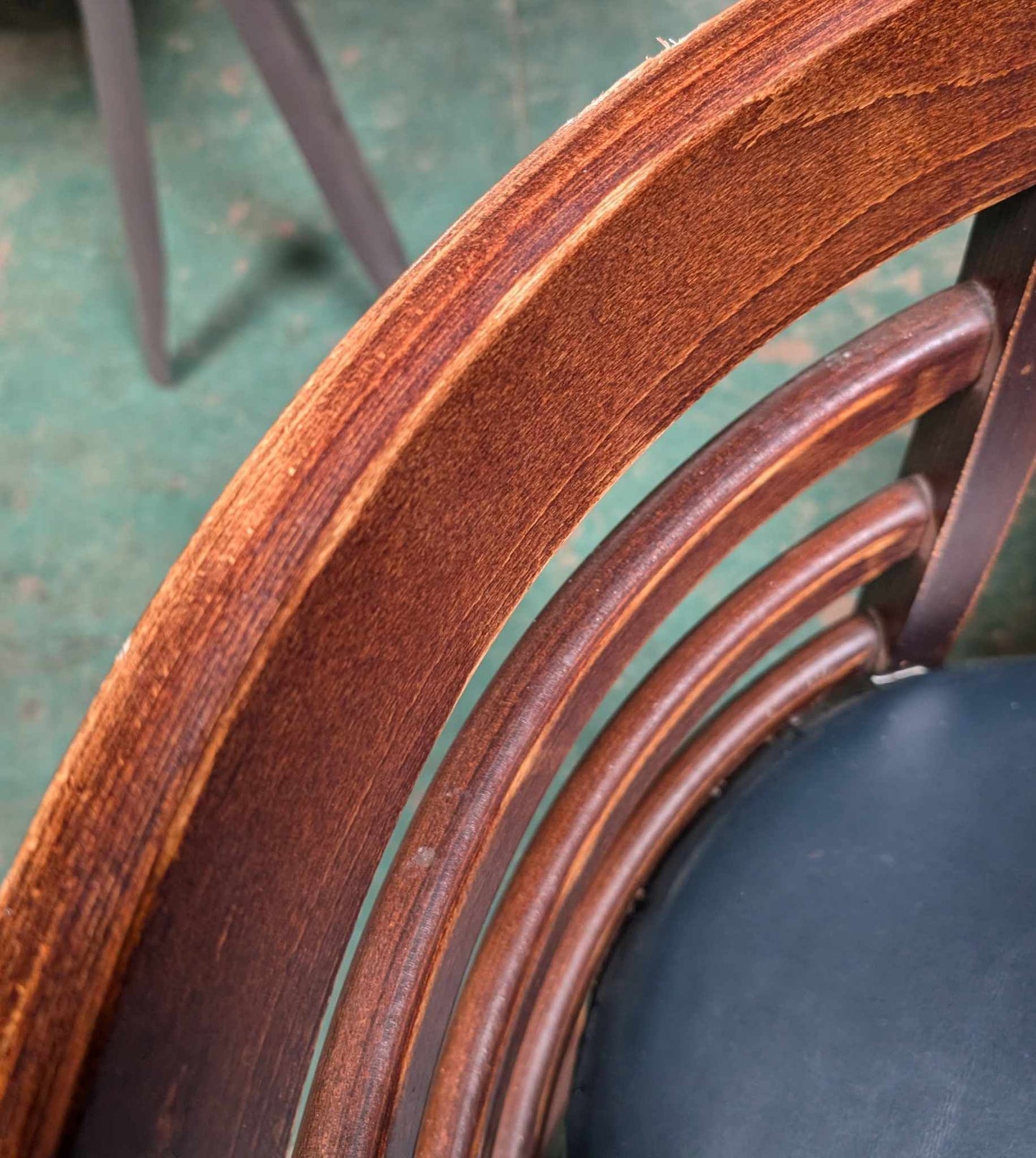 Medium Wooden Poseur Table With Four Backed Blue Leather Stools