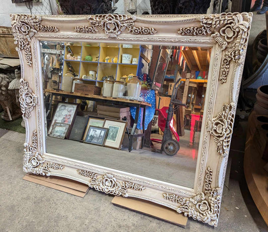 Large Wall Mirror with Ornate White Lacquered Frame