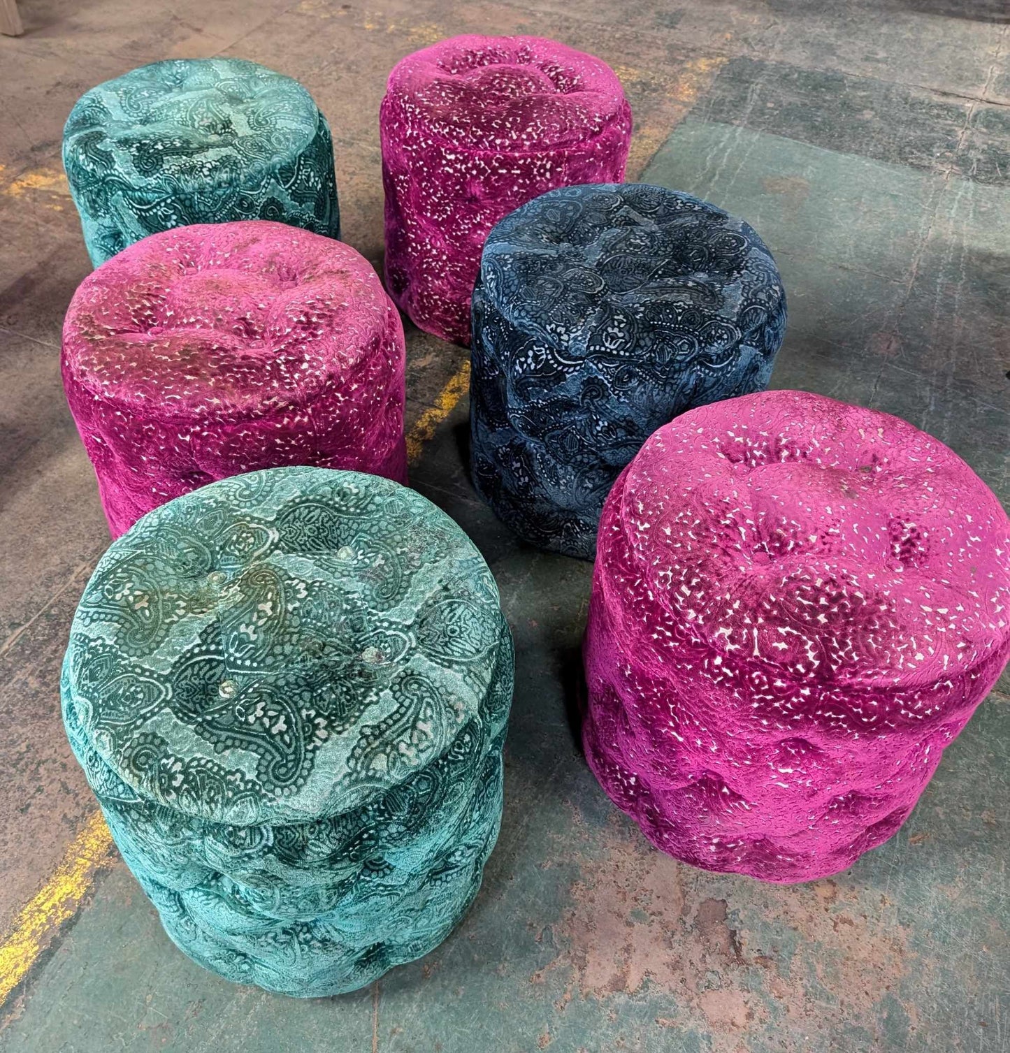 Set of Six Upholstered Patterned Stools in Assorted Colours