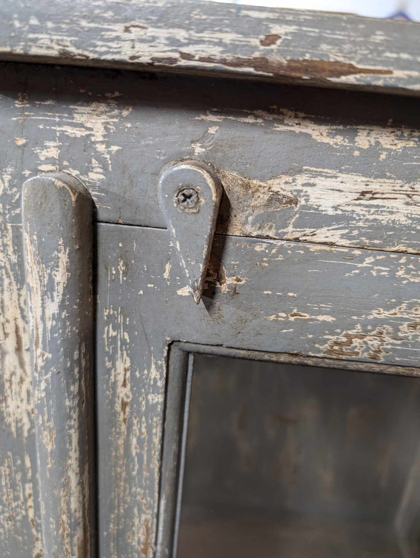 Skinny Vintage French Style Distressed Wood Cabinet / Glass Windows