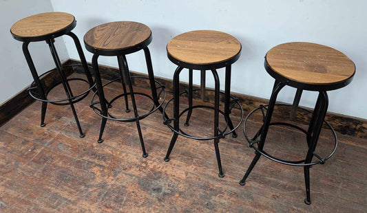 Set of Four Adjustable Height Stools with Steel Frames and Wooden Tops