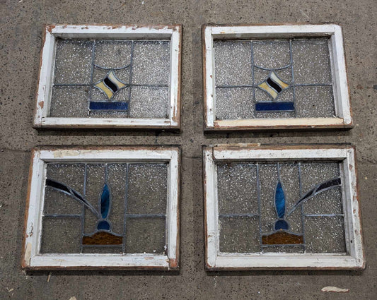 Set of Four Vintage Stained Glass Leadlight Windows / Wooden Frames