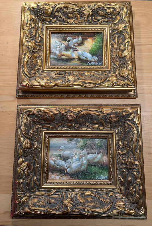 Pair of Original Duck Oil Paintings in Ornate Metallic Frames