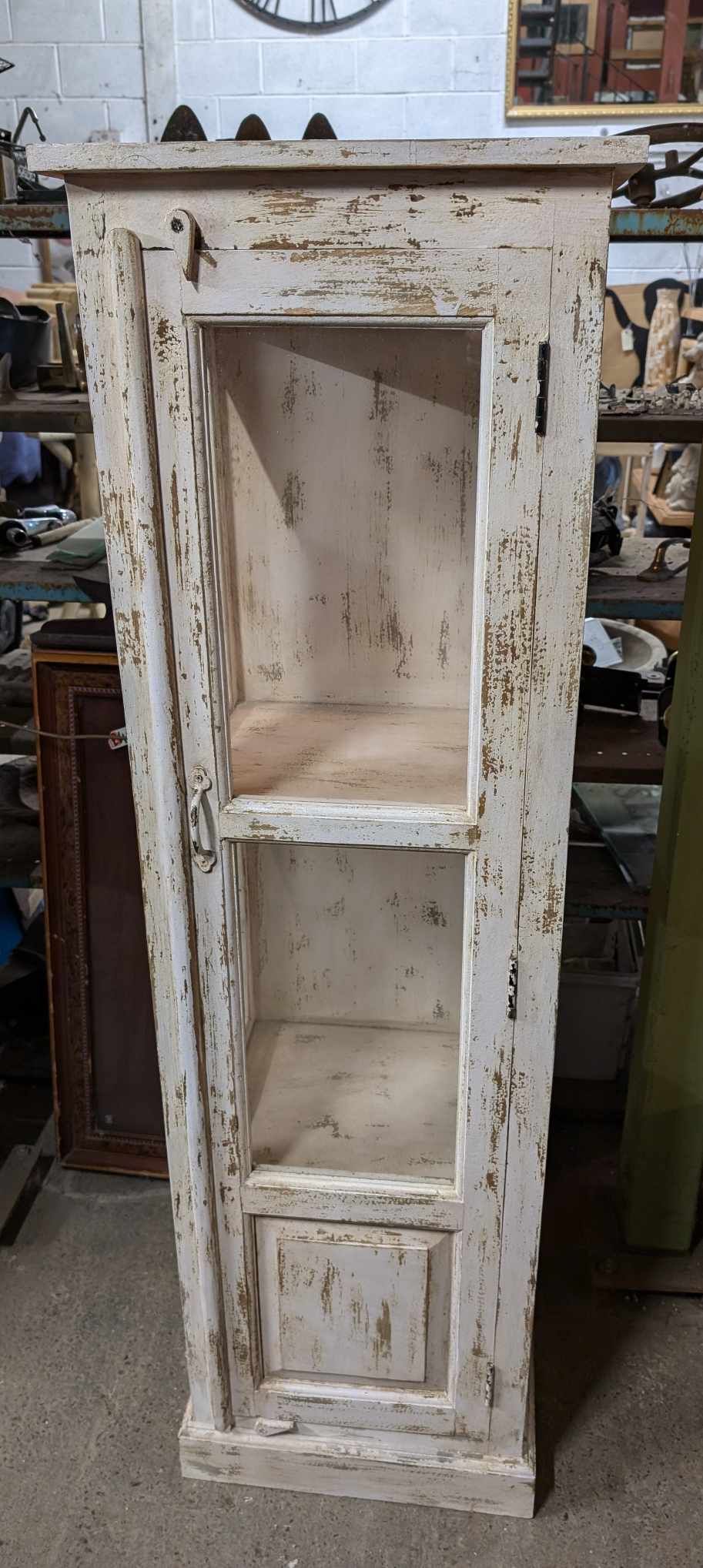 Skinny Vintage French Style Distressed Wood Cabinet / Glass Windows