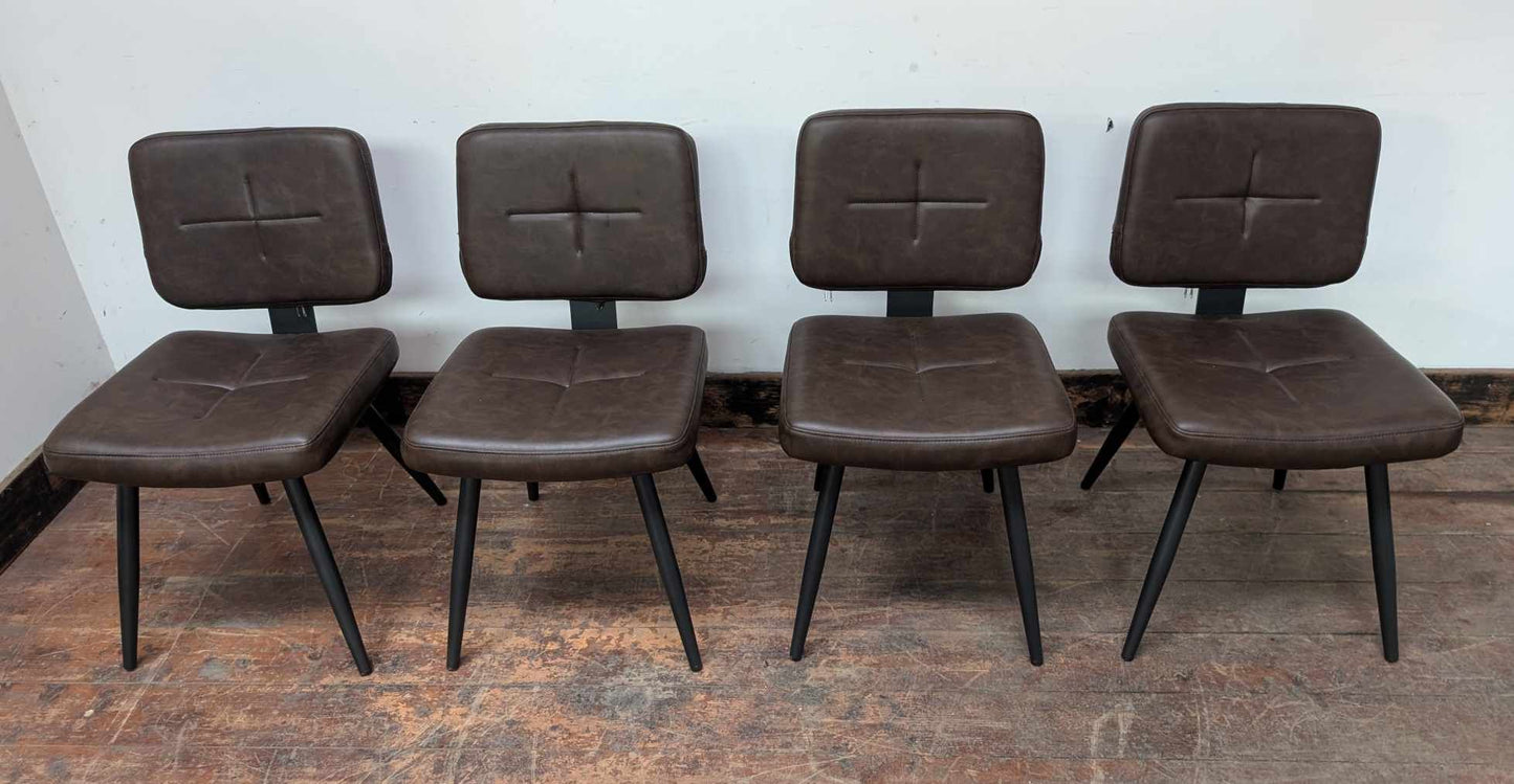 Set of Four Brown Faux Leather Chairs with Steel Frames